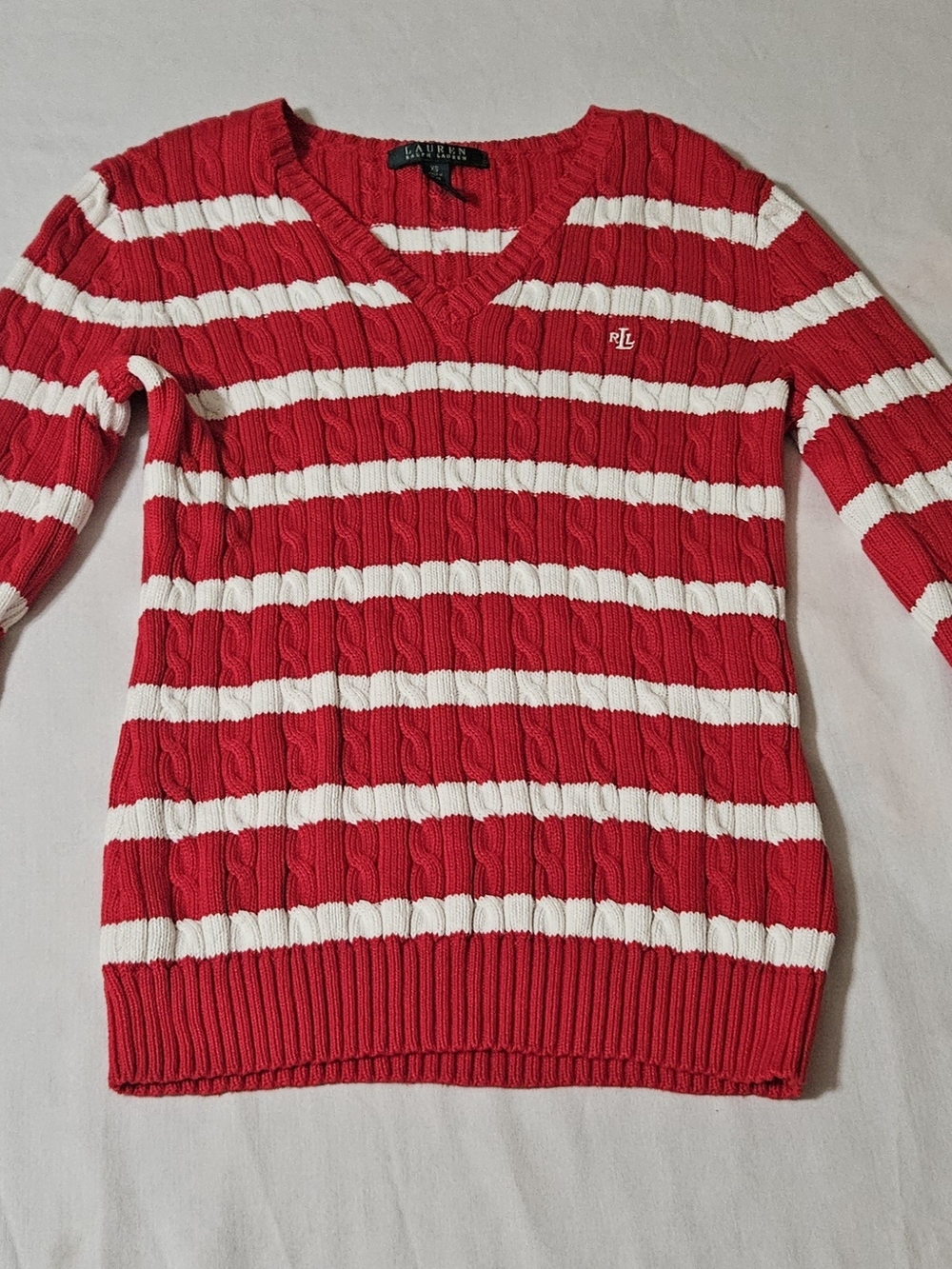 Lauren Ralph Lauren Red White Striped Cable Knit Sweater XS